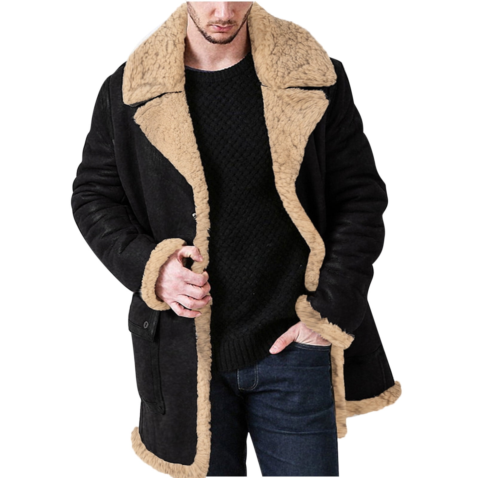 ZCFZJW Mens Faux Leather Aviator Bomber Jackets Fashion Zipper Sherpa Fleece Lined Trucker Jacket Winter Big and Tall Vintage Turndown Collar Coats #01-Black XXL