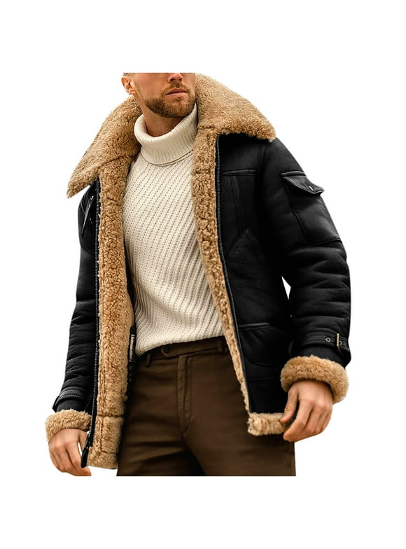ZCFZJW Mens Faux Leather Aviator Bomber Jackets Fashion Zipper Sherpa Fleece Lined Trucker Jacket Winter Big and Tall Vintage Turndown Collar Coats Black S