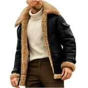 ZCFZJW Mens Faux Leather Aviator Bomber Jackets Fashion Zipper Sherpa Fleece Lined Trucker Jacket Winter Big and Tall Vintage Turndown Collar Coats Black XL