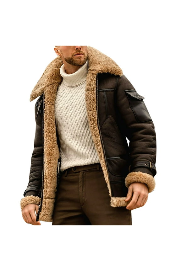 Mens Faux Leather Aviator Bomber Jackets Fashion Zipper Sherpa Fleece Lined Trucker Jacket Winter Big and Tall Vintage Turndown Collar Coats Coffee XXXXL