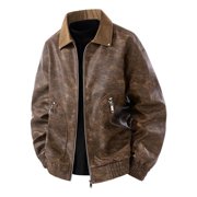 ZCFZJW Mens Faux Leather Bomber Jacket Big and Tall Regular Fit Full Zip up Long Sleeve Classic Style Motorcycle Jackets with Zipper Pockets Coffee XL