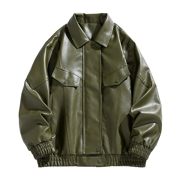 ZCFZJW Mens Faux Leather Jacket Lightweight Fashion Motorcycle Leather Jackets Coat Casual Lapel Collared Long Sleeve Classic Fit Outwear Army Green M