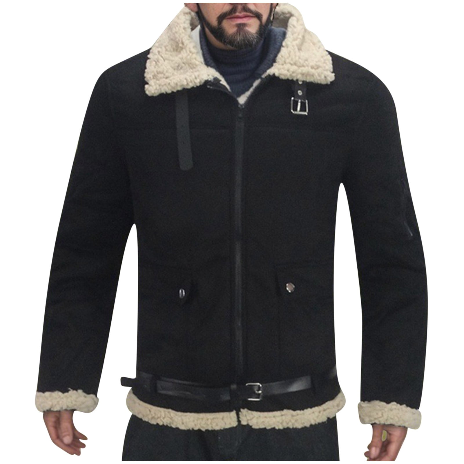 ZCFZJW Mens Faux Leather Jacket - Winter Plush Thick Warm Sherpa Fleece Lined Heavy Coat Casual Long Sleeve Full Zip up Bomber Jacket with Shearling Lining Black S