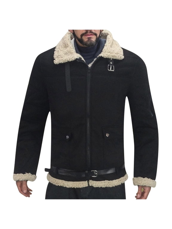 Mens Faux Leather Jacket - Winter Plush Thick Warm Sherpa Fleece Lined Heavy Coat Casual Long Sleeve Full Zip up Bomber Jacket with Shearling Lining Black L