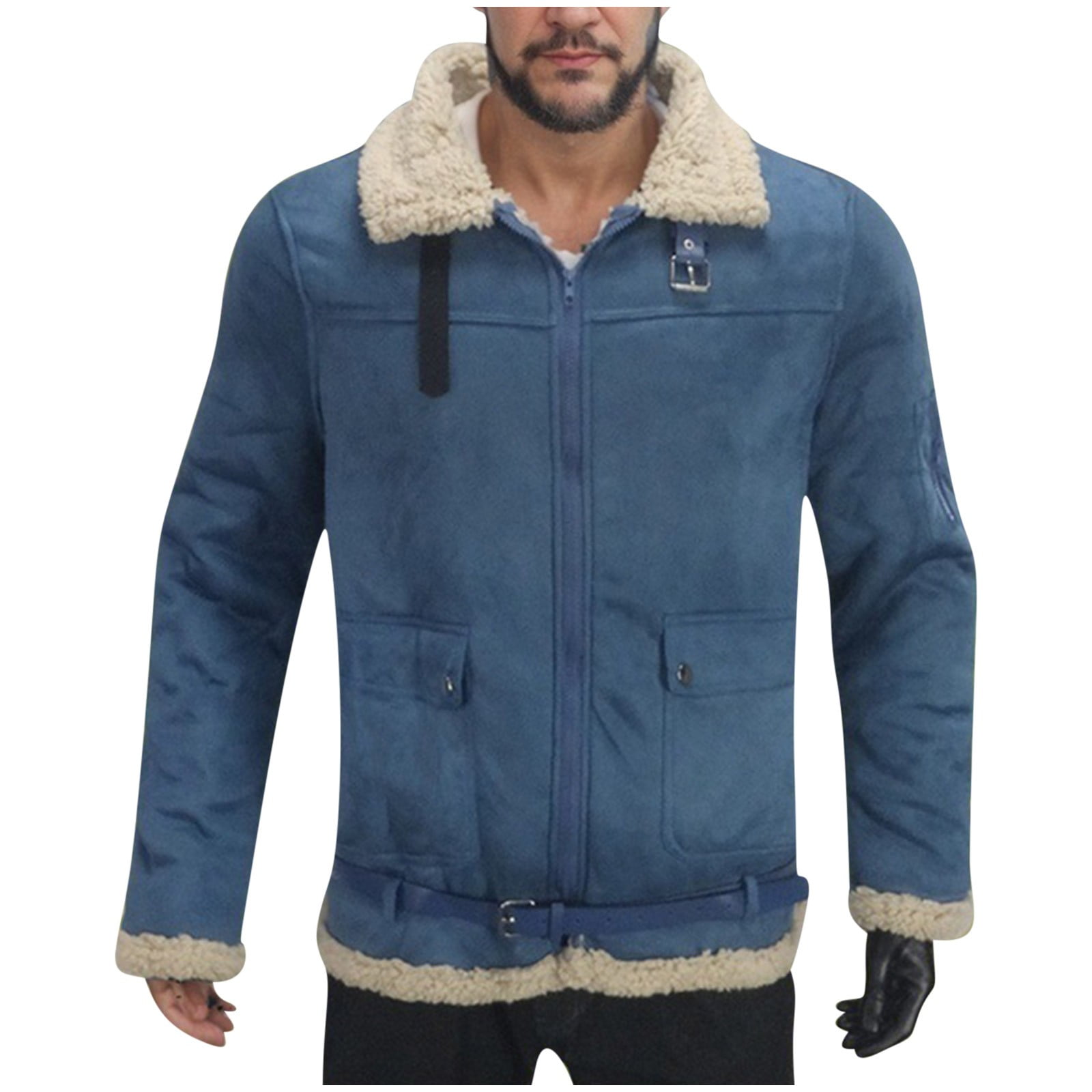 ZCFZJW Mens Faux Leather Jacket - Winter Plush Thick Warm Sherpa Fleece Lined Heavy Coat Casual Long Sleeve Full Zip up Bomber Jacket with Shearling Lining Blue XXXXL