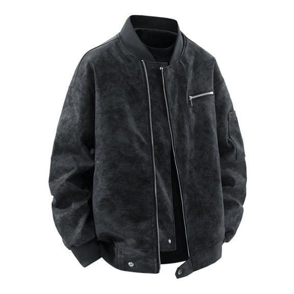 ZCFZJW Mens Faux PU Leather Bomber Jacket Lightweight Casual Full Zip up Coat Windbreak Zip Up Flight Outerwear with Pockets for Spring Fall Black XXL