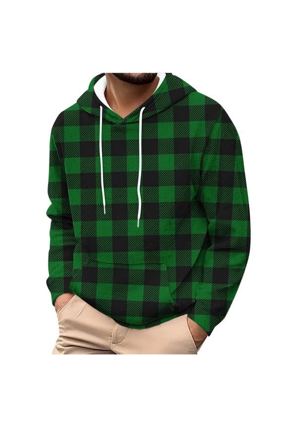 Mens Flannel Hoodie Tops Lightweigth Casual Fall Winter Long Sleeve Buffalo Plaid Print Hooded Pullover Sweatshirts Fashion Hoodies Outwear Coat with Pockets Green XXXL