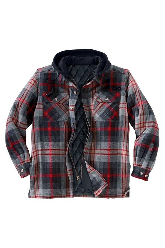 Mens Flannel Jacket with Hood Plush Thick Warm Plaid Flannel Shirts Quilted Lined Long Sleeve Winter Cotton Button Down Outwear Coat with Pockets L
