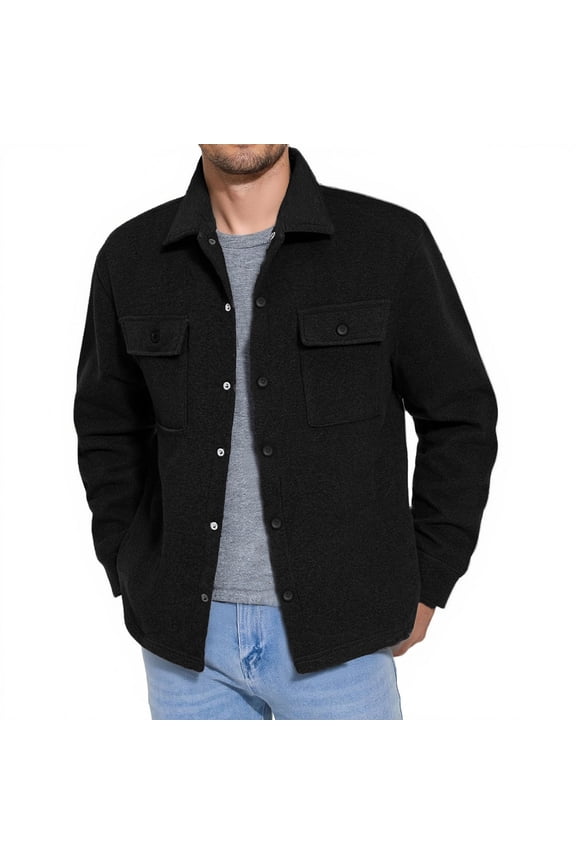 Mens Flannel Jackets Fall Long Sleeve Wool Shirt Jacket Button Down Fleece Shacket Winter Thick Warm Outwear Tops with Flip Chest Pockets Black M