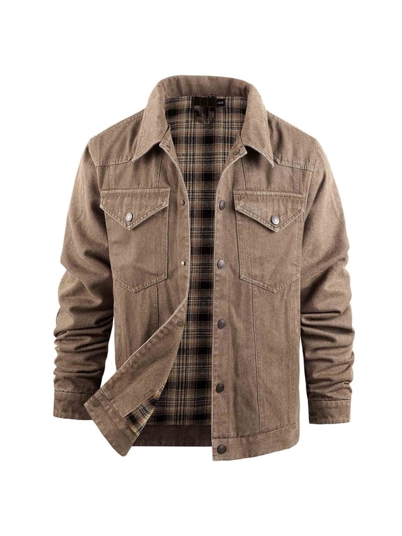 Mens Flannel Lined Denim Jacket Snap Cowboy Cut Western Classic Slim Fit Vintage Heavy Duty Denim Jacket Trucker Coat with Pockets Brown M