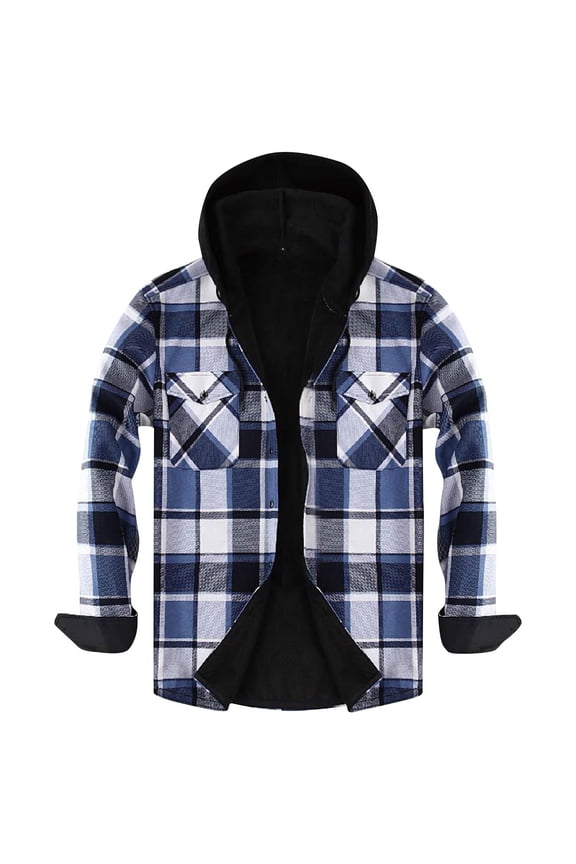 Mens Flannel Plaid Coral Fleece Lined Hooded Shirt Jacket Fall Winter Thick Warm Casual Long Sleeve Button Down Hoodie Outwear Shacket Tops with Pockets Blue S