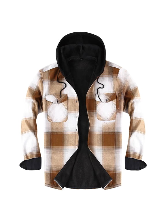 Mens Flannel Plaid Coral Fleece Lined Hooded Shirt Jacket Fall Winter Thick Warm Casual Long Sleeve Button Down Hoodie Outwear Shacket Tops with Pockets Gold S