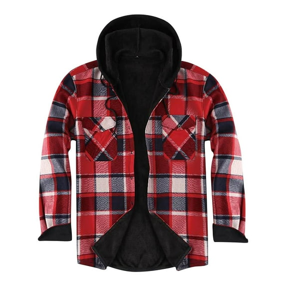 ZCFZJW Mens Flannel Plaid Coral Fleece Lined Hooded Shirt Jacket Fall Winter Thick Warm Casual Long Sleeve Button Down Hoodie Outwear Shacket Tops with Pockets Red M