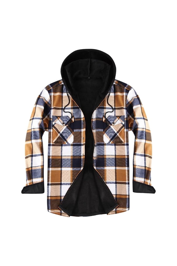 Mens Flannel Plaid Coral Fleece Lined Hooded Shirt Jacket Fall Winter Thick Warm Casual Long Sleeve Button Down Hoodie Outwear Shacket Tops with Pockets Yellow XL