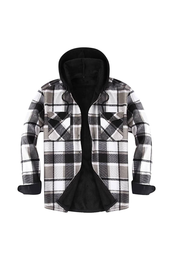 Mens Flannel Plaid Coral Fleece Lined Hooded Shirt Jacket Fall Winter Thick Warm Casual Long Sleeve Button Down Hoodie Outwear Shacket Tops with Pockets Gray XL