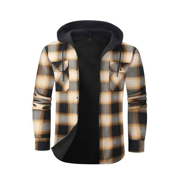 ZCFZJW Mens Flannel Plaid Fleece Lined Hooded Shirt Jacket Casual Long Sleeve Button Down Shacket Jacket Fashion Fall Winter Thick Warm Hoodie with Pockets Orange S