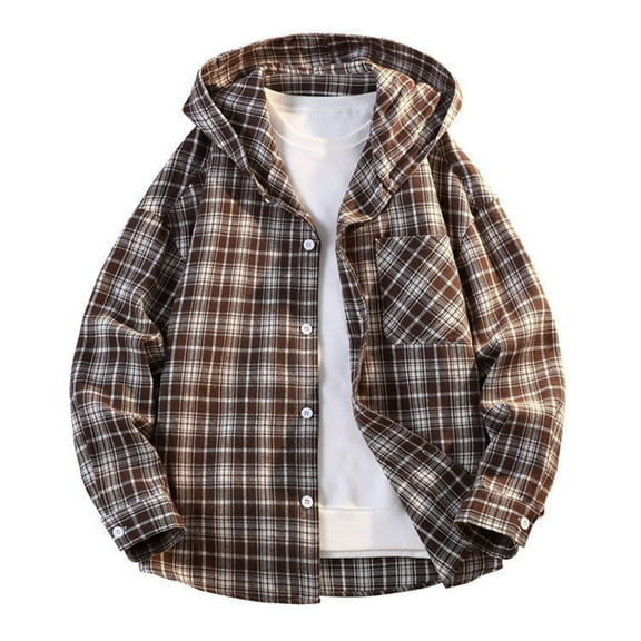 ZCFZJW Mens Flannel Plaid Hoodie Shirts Lightweight Casual Fall Long Sleeve Button Down Hooded Outwear Jacket Tops Loose Regular Fit Cotton T-Shirts with Pockets Coffee XL