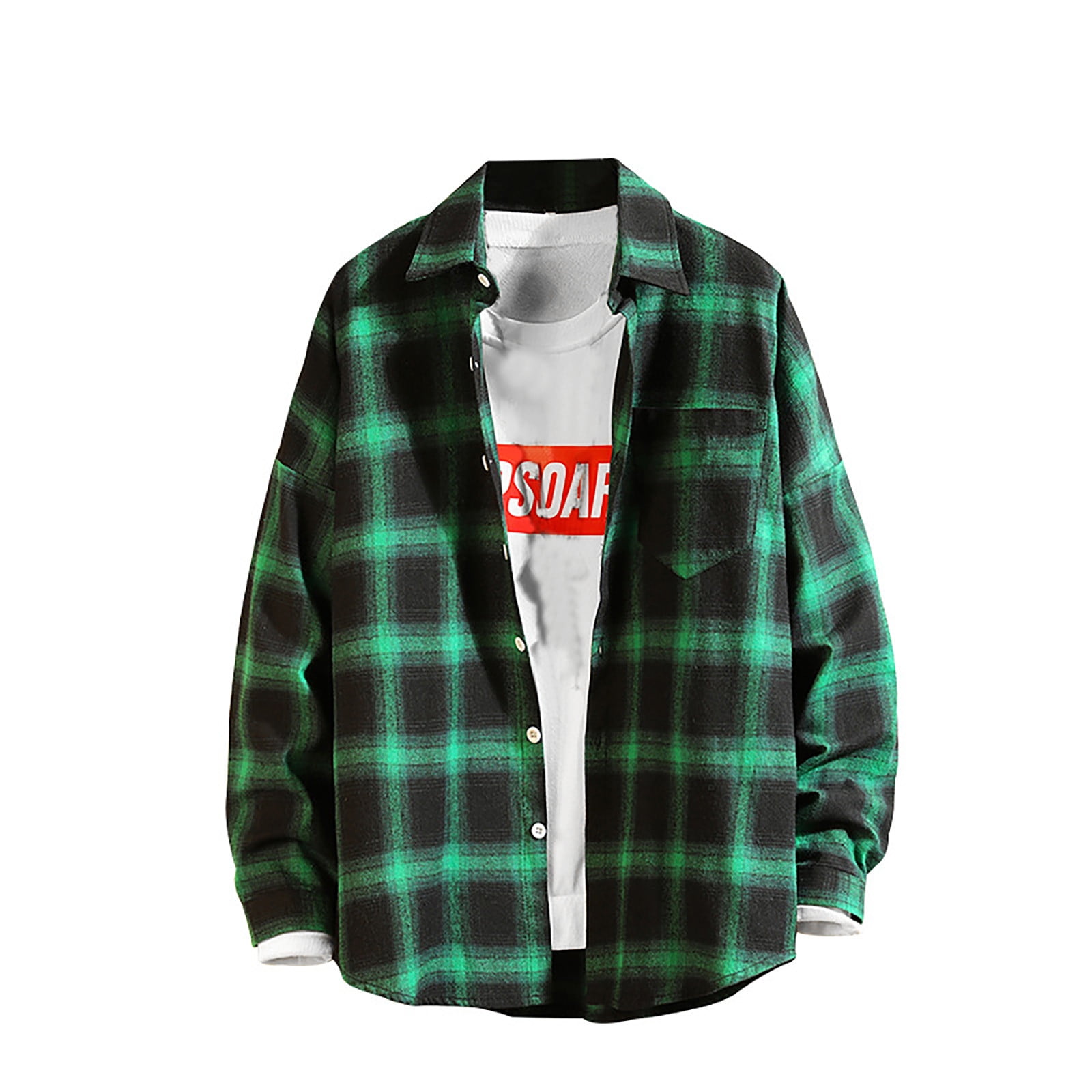 Men's Flannel Shirt - Thick Plaid Long Sleeve Button-Up In White/Green, 3X-Large Casual Wear