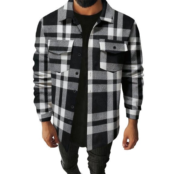 ZCFZJW Mens Flannel Plaid Shirts Long Sleeve Lightweight Regular Fit Cotton Shirt Lightweight Casual Button Down Shirts Jacket with Pockets Black M