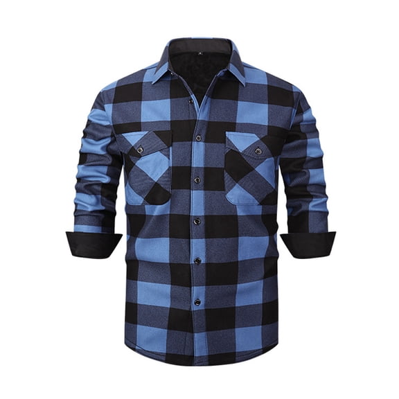 ZCFZJW Mens Flannel Shirt Fall Winter Thick Warm Long Sleeve Soft Smooth Plaid Shirts Casual Button Down with Pocket Regular Fit Work Tops Blue L