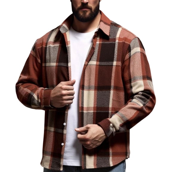 ZCFZJW Mens Flannel Shirts Long Sleeve Lightweight Plaid Shirt Casual Button Down Shirts Fall Winter Plush Thick Warm Shacket Jacket Orange XL