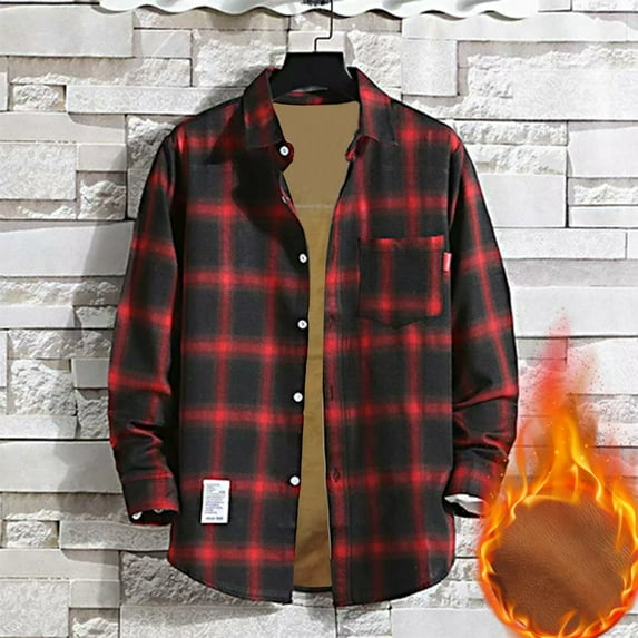 ZCFZJW Mens Fleece Jacket Sherpa Lined Button Up Lapel Plaid Flannel Coat Casual Long Sleeve Warm Fall Winter Plush Thick Warm Outwear Z#02-Red M