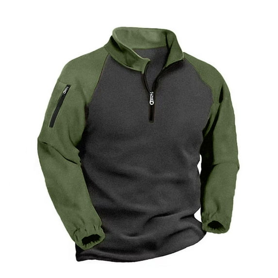 ZCFZJW Mens Fleece Sweatshirts Casual Long Sleeve 1/4 Zip up Long Sleeve Color Block Print Stand Collar Pullover Tops Trendy Oversized Regular Fit Outwear Jacket with Pocket Army Green L