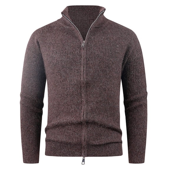 ZCFZJW Mens Full Zip Cardigan Sweater Lightweight Casual Long Sleeve Basic Slim Fit Knit Sweaters Stand Collar Fall Winter Ribbed Cardigan Coffee L