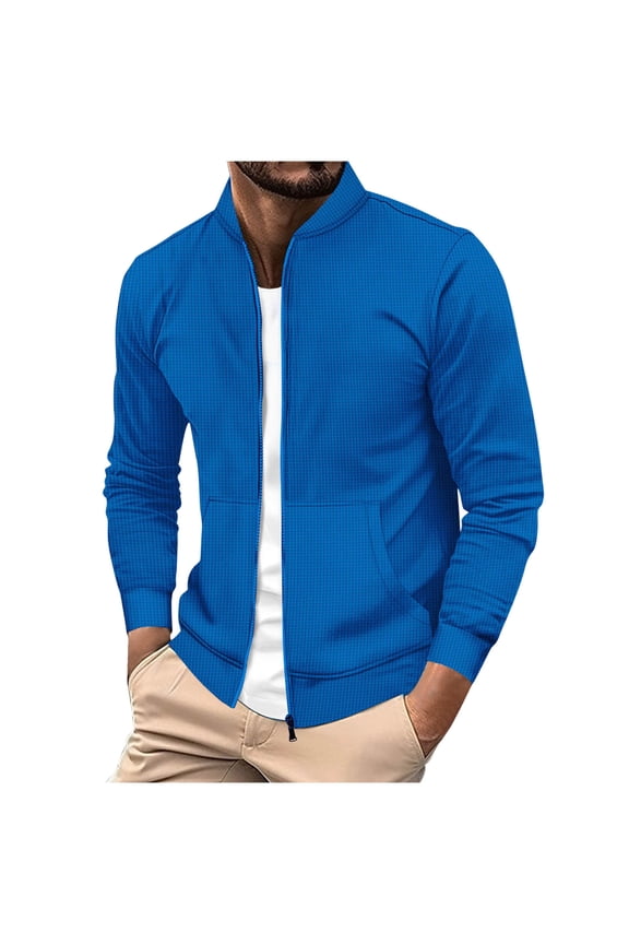 Mens Full Zip Cardigan Sweater Lightweight Thin Casual Mock Neck Long Sleeve Jackets Ribbed Knit Winter Chunky Sweaters Tops with Pockets Blue M