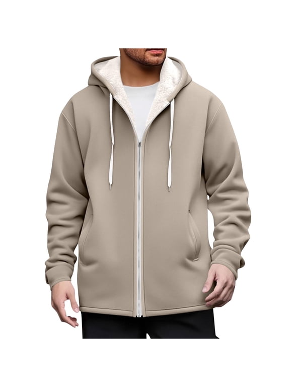 Mens Full Zip Casual Hoodies Lightweight Soft Cotton Drawstring Hooded Sherpa Fleece Lined Thick Warm Pullover Sweatshirts Casual Long Sleeve Jackets with Pockets Khaki XXL