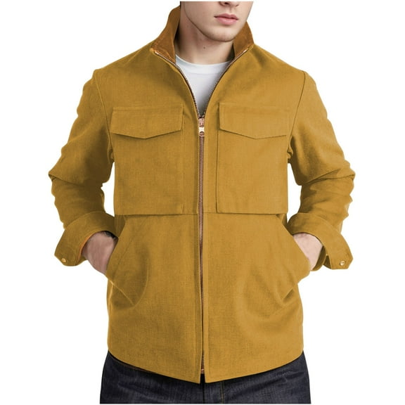 ZCFZJW Mens Full Zip up Windbreaker Jackets Loose Lightweight Casual Long Sleeve Stand Collar Hoodless Warm Coat Outwear Tops with Multi-Pockets Khaki L