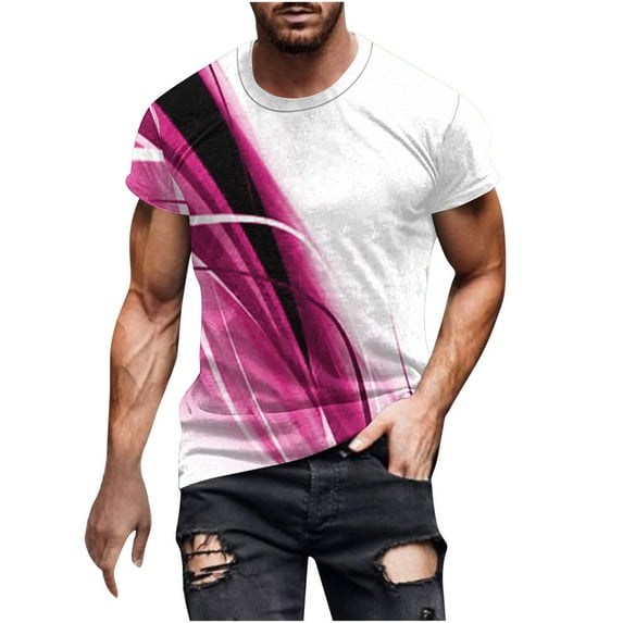 ZCFZJW Mens Funny Cool T-Shirts Casual 3D Striped Color Contrast Print Novelty Short Sleeve Round Neck Pullover Tops Loose Fit Soft Cotton Basic Workout Tees Shirt Hot Pink M