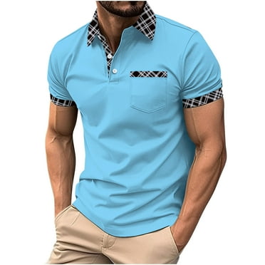 ZCFZJW Mens Golf Shirt Moisture Wicking Performance Sport Short Sleeve Striped Golf Polo Shirts for Men Trendy Summer Daily Tops with Pockets Sky Blue XXL