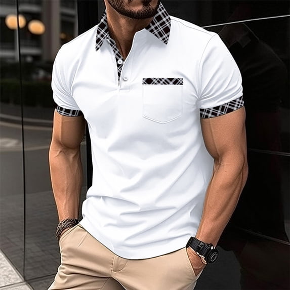 ZCFZJW Mens Golf Shirt Moisture Wicking Performance Sport Short Sleeve Striped Golf Polo Shirts for Men Trendy Summer Daily Tops with Pockets White XXL