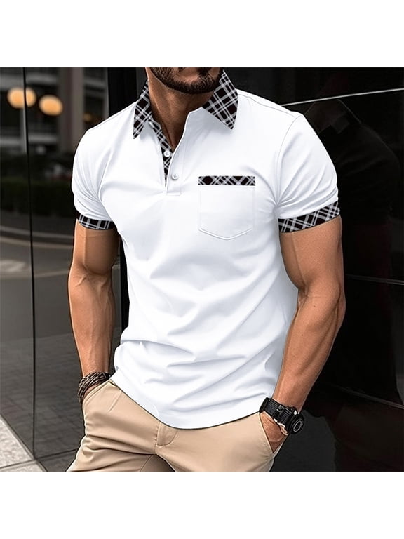 Mens Golf Shirt Moisture Wicking Performance Sport Short Sleeve Striped Golf Polo Shirts for Men Trendy Summer Daily Tops with Pockets White M