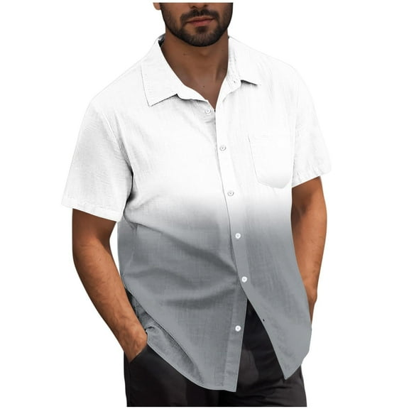 ZCFZJW Mens Gradient Cotton Shirts Regular Fit Short Sleeve Button Down Shirt Hawaiian Summer Beach Casual Collared T Shirts for Men Gray L