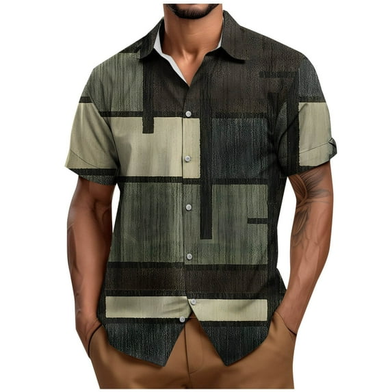 ZCFZJW Mens Hawaiain T-Shirts Casual Summer Short Sleeve Striped Color Block Printed Button Down Graphic Beach Shirts Loose Regular Fit Cotton Tees Tops Army Green XXXL