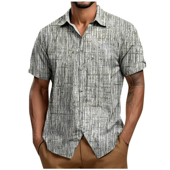 ZCFZJW Mens Hawaiain T-Shirts Casual Summer Short Sleeve Striped Color Block Printed Button Down Graphic Beach Shirts Loose Regular Fit Cotton Tees Tops Gray XXXL