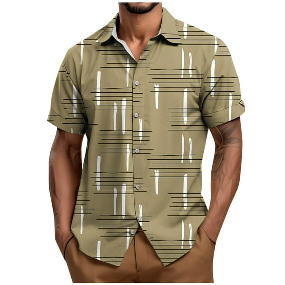 ZCFZJW Mens Hawaiain T-Shirts Casual Summer Short Sleeve Striped Color Block Printed Button Down Graphic Beach Shirts Loose Regular Fit Cotton Tees Tops Yellow M