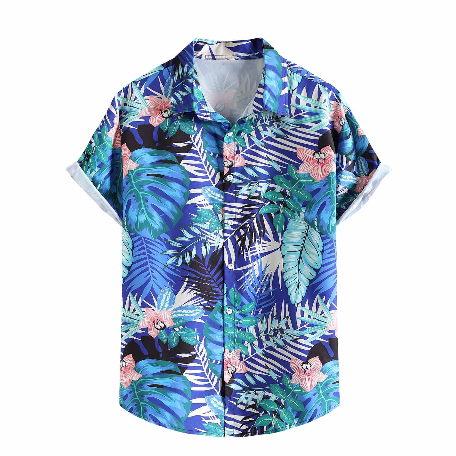 ZCFZJW Mens Summer Tropical Shirts Summer Floral Print Short Sleeve Button  Down Aloha Hawaiian Shirts Big and Tall Regular Fit T-Shirt Top Black XL