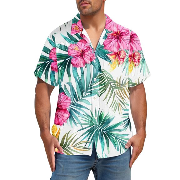 ZCFZJW Mens Hawaiian Shirt Regular Fit Casual Short Sleeve Button Down Graphic T-Shirts Tropical Floral Printed Summer Beach Vacation Aloha Outfits Island Clothes White#06 L
