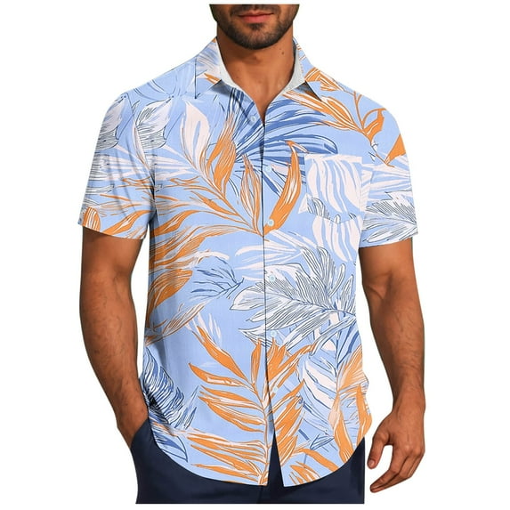 ZCFZJW Mens Hawaiian Shirt Short Sleeve Floral Button Down Shirts Tropical Summer Beach Vacation Tees Shirts Lightweight Camp Collar Shirt Sky Blue L