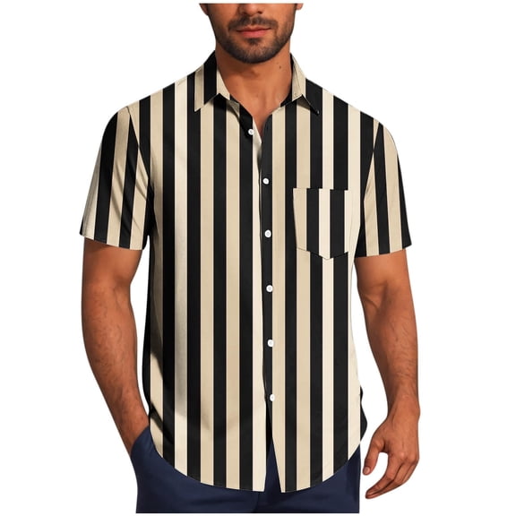 ZCFZJW Mens Hawaiian Shirts Casual Colorful Striped Printed Summer Short Sleeve Button Down Graphic T-Shirts Trendy Holiday Beach Vacation Tees Tops with Pockets Beige XXXL