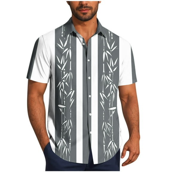 ZCFZJW Mens Hawaiian Shirts Short Sleeve Button Down Shirt Striped Color Block Printed Tropical Summer Beach Vacation Tees Shirt Tops Gray L