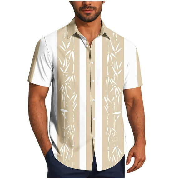 ZCFZJW Mens Hawaiian Shirts Short Sleeve Button Down Shirt Striped Color Block Printed Tropical Summer Beach Vacation Tees Shirt Tops Khaki M