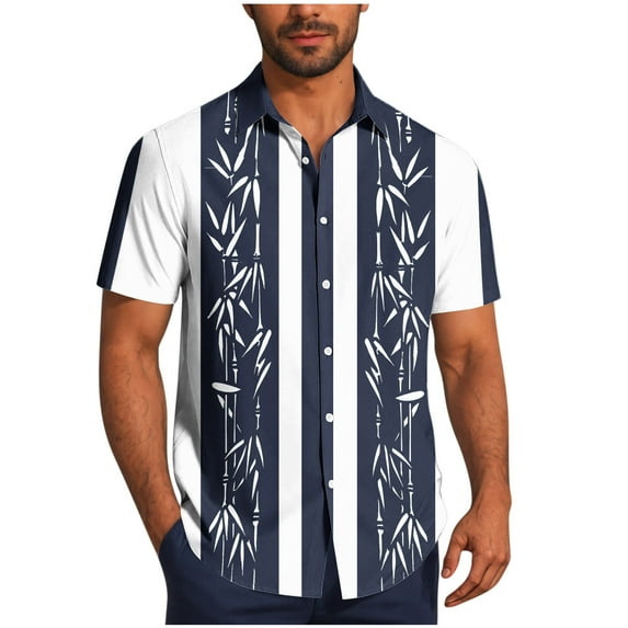 ZCFZJW Mens Hawaiian Shirts Short Sleeve Button Down Shirt Striped Color Block Printed Tropical Summer Beach Vacation Tees Shirt Tops Navy XXXL
