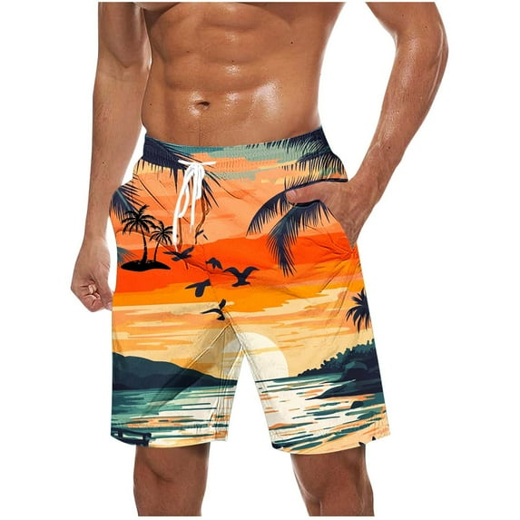 ZCFZJW Mens Hawaiian Shorts Casual Drawstring Elastic Waist Tropical Palm Tree Print Beach Bathing Suit Lightweight Quick Dry Swim Trunks with Pockets Orange M