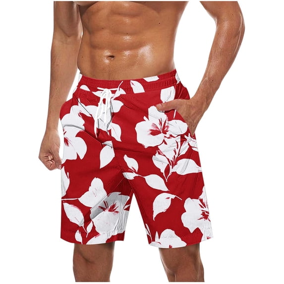 ZCFZJW Mens Hawaiian Shorts Casual Drawstring Elastic Waist Tropical Palm Tree Print Beach Bathing Suit Lightweight Quick Dry Swim Trunks with Pockets Red L