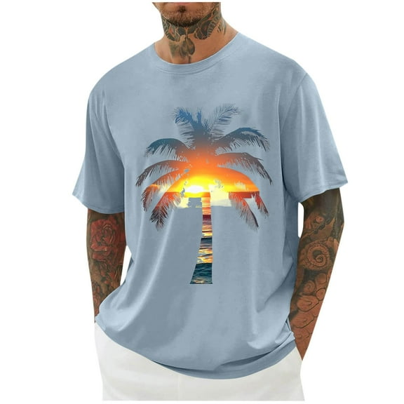 ZCFZJW Mens Hawaiian T-Shirts Summer Tropical Palm Tree Beach Graphic Tees Tops Big and Tall Regular Fit Casual Short Sleeve Crewneck Workout Tshirt Light Blue XXXXL