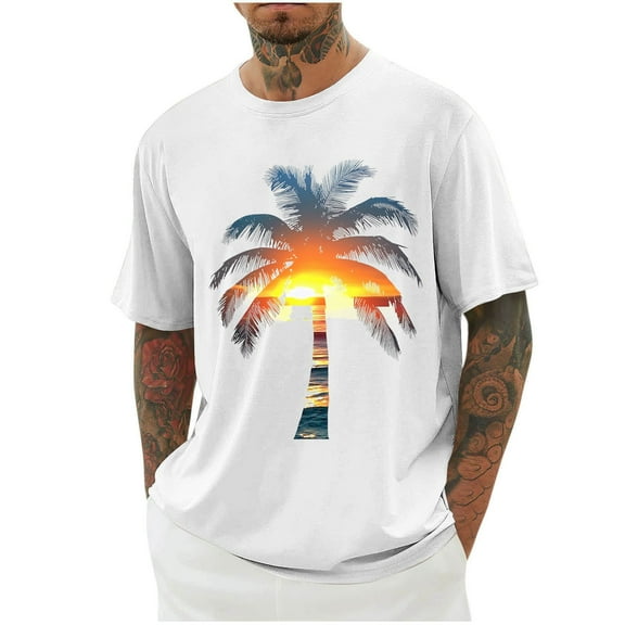 ZCFZJW Mens Hawaiian T-Shirts Summer Tropical Palm Tree Beach Graphic Tees Tops Big and Tall Regular Fit Casual Short Sleeve Crewneck Workout Tshirt White L